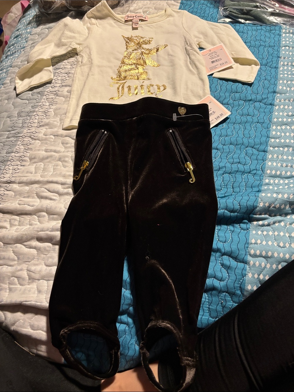 Juicy Couture Black Velvet Stirrup Leggings with Gold Zipper Accents